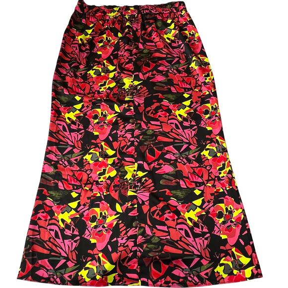 OPEN EDIT High Waist Abstract Floral Print Midi Skirt with Slit | Large | Neon - Picture 5 of 12